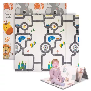 Сгъваема детска подложка inSPORTline Michlino 150x180x1,2 см - Zvířátka abc/Zvířatka louka - Safari/Silnice