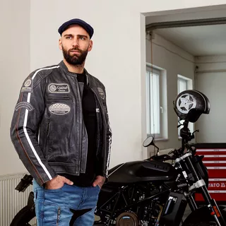 Мъжко кожено мото яке W-TEC Dark Vintage - тъмно сив