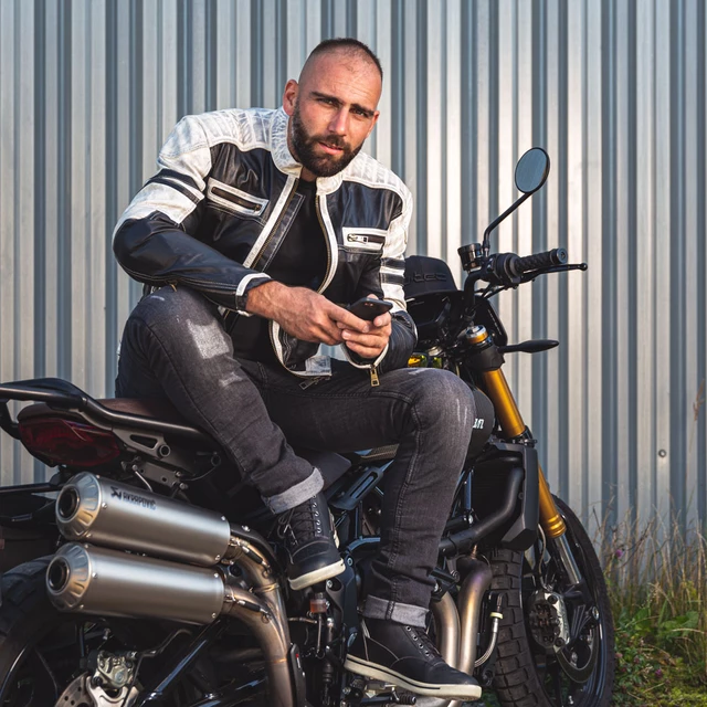 Мъжко кожено мотояке W-TEC Esbiker - черен с бежови ивици