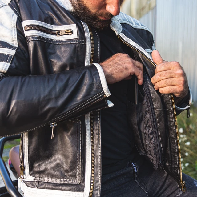 Мъжко кожено мотояке W-TEC Esbiker - черен с бежови ивици