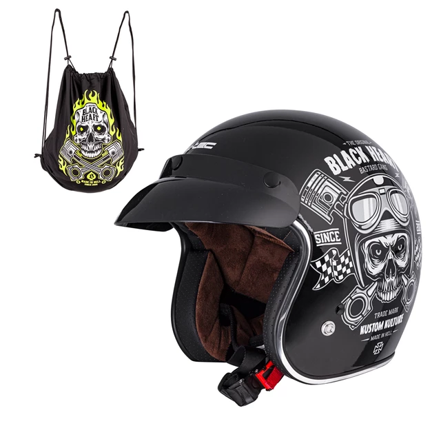 Мото каска W-TEC Kustom Black Heart - Ride Culture, матово черно - Череп - черен гланц